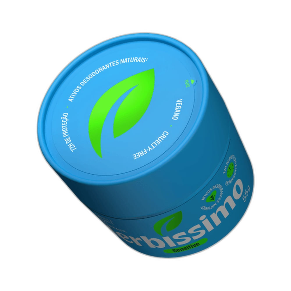 Desodorante creme Herbíssimo Sensitive 55g vista inclinada mostrando tampa azul e rótulos de proteção e ingredientes naturais